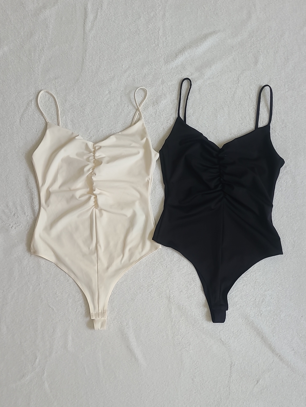 H&M Black Cream Gathered Thong bodysuit Bundle Medium Jersey Ruching Going Out